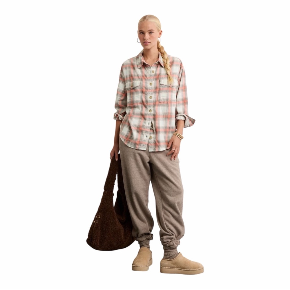 AE Plaid Button-Up Cotton Shirt Khaki & Coral Size Small - Picture 4 of 11
